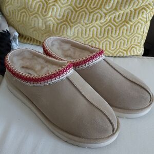 UGG Tan Slippers with Red Accent